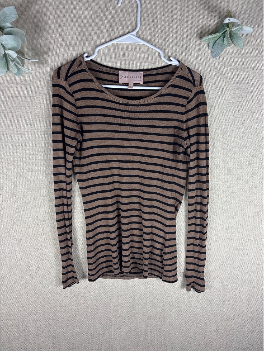 Philosophy > Tan and Black Striped Scoop Neck Long Sleeve Top Small
